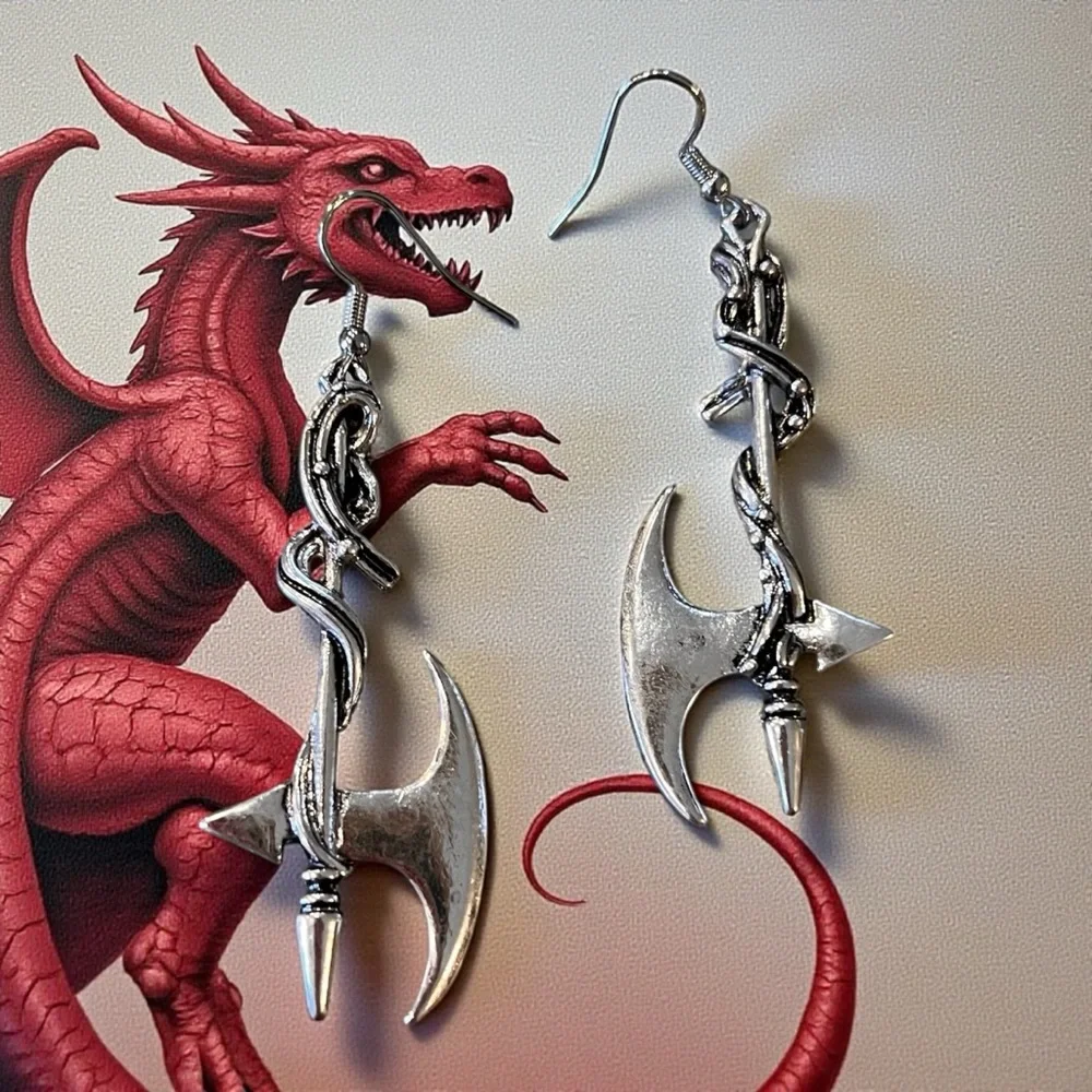 Silver Toned Battle Axe Earrings